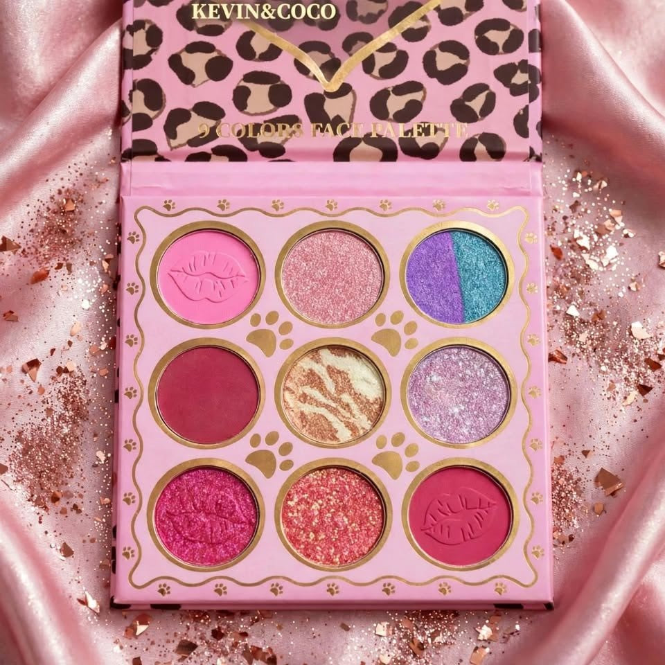 Kevin and Coco 9 Colors Face Palette close up open palette matte shimmer glitter shades purple teal duo zebra