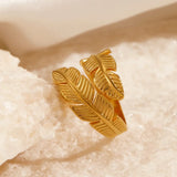 316L Stainless Steel Leaf Shape Ring detailed view - luxury gold open band ring