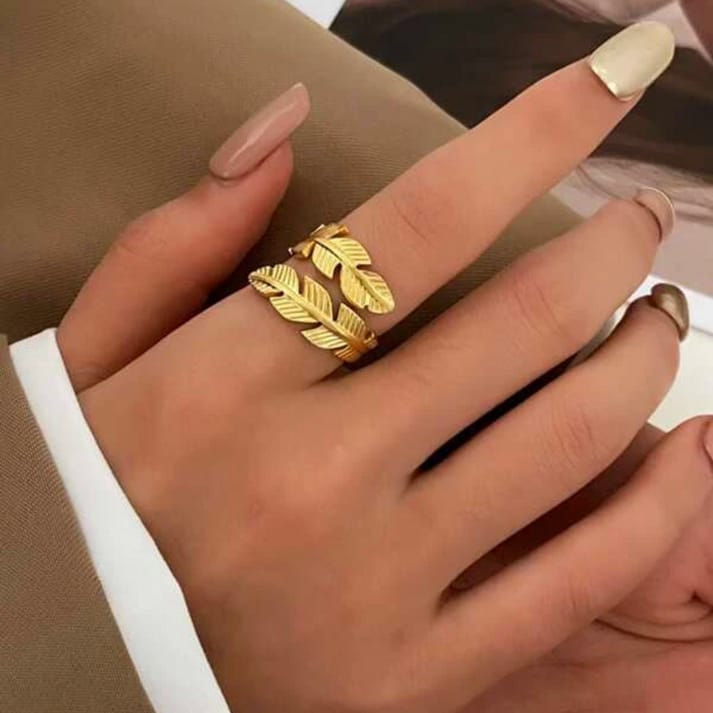 Gold leaf geometric open ring for women on hand - 316L stainless steel ring Cosmia.pk