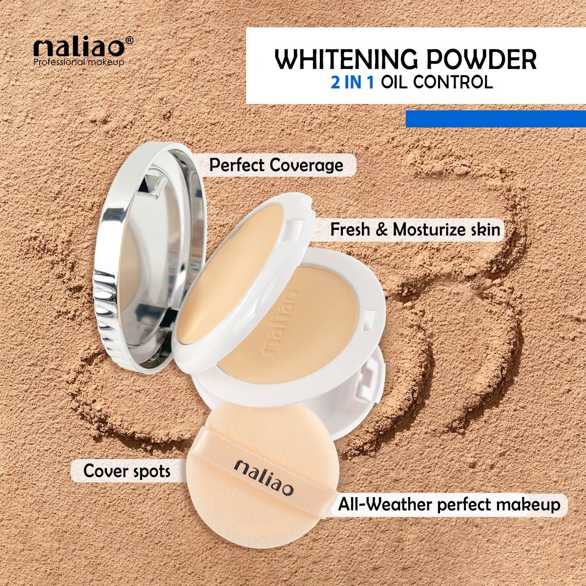 Maliao Whitening Powder 2-in-1 Oil Control open compact with puff — buy online in Pakistan
