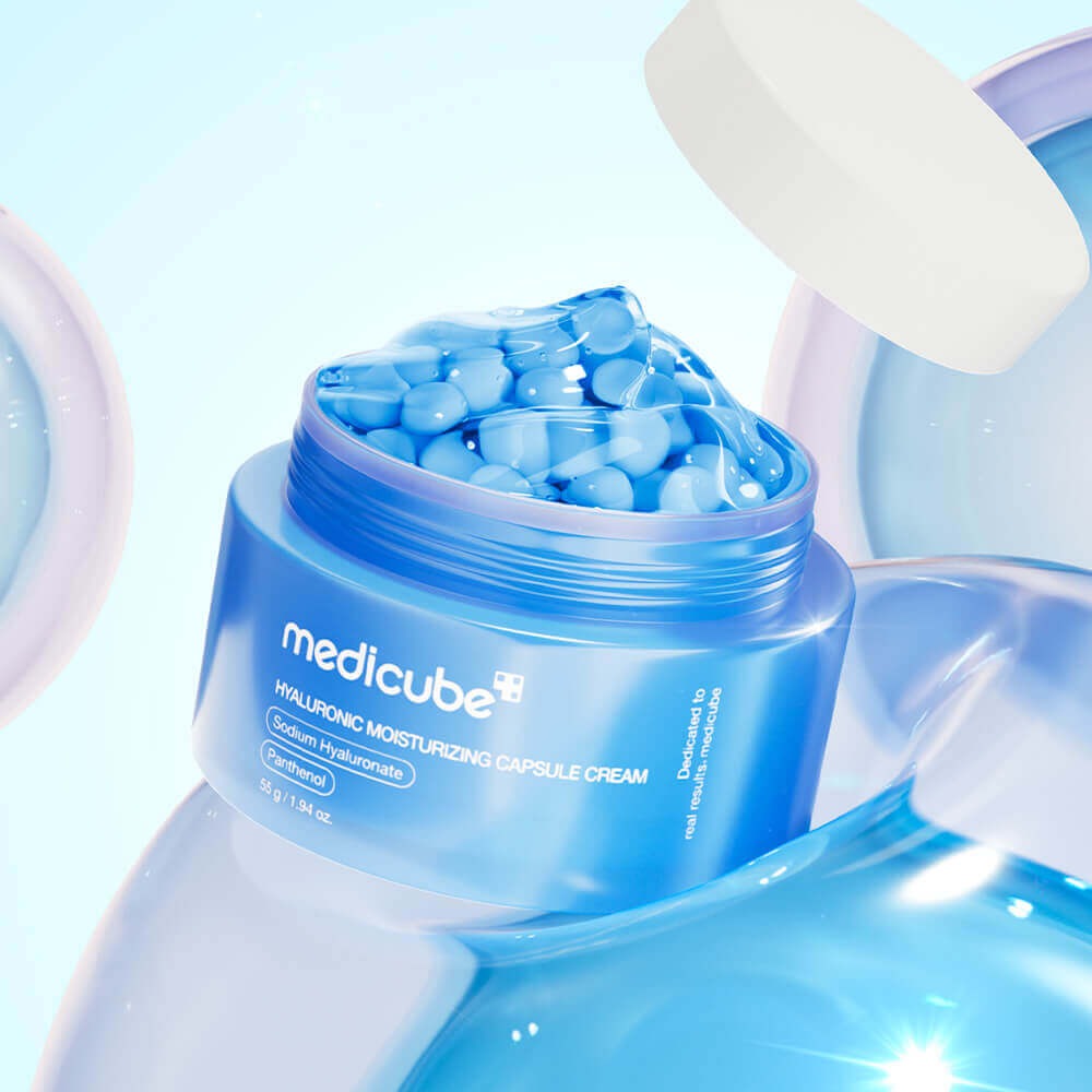 Medicube Hyaluronic Moisturizing Capsule Cream jar with blue capsules