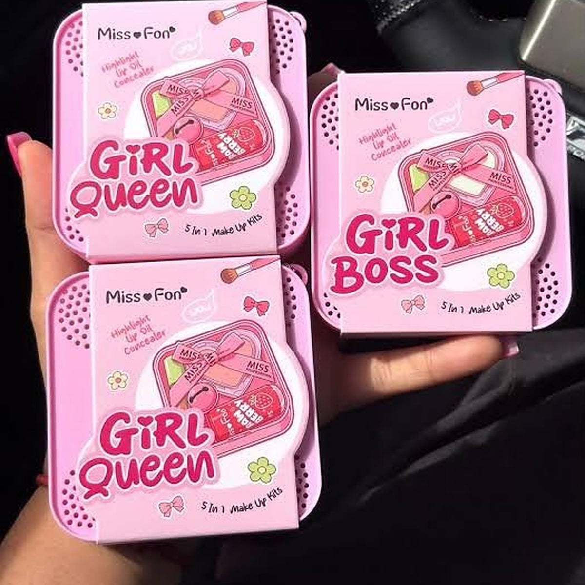 Miss Fon 5 in 1 Make Up Kit pink tin cases in Girl Queen and Girl Boss designs with highlighter lip oil and concealer