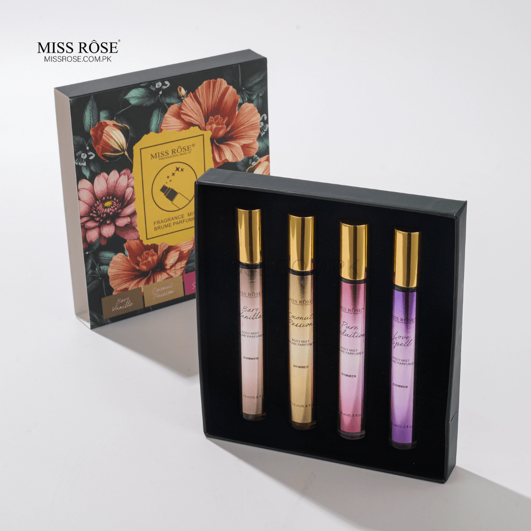 Miss Rose Everyday Use Body Mists gift set of 4 in black floral box — 15ml mini body mists online in Pakistan