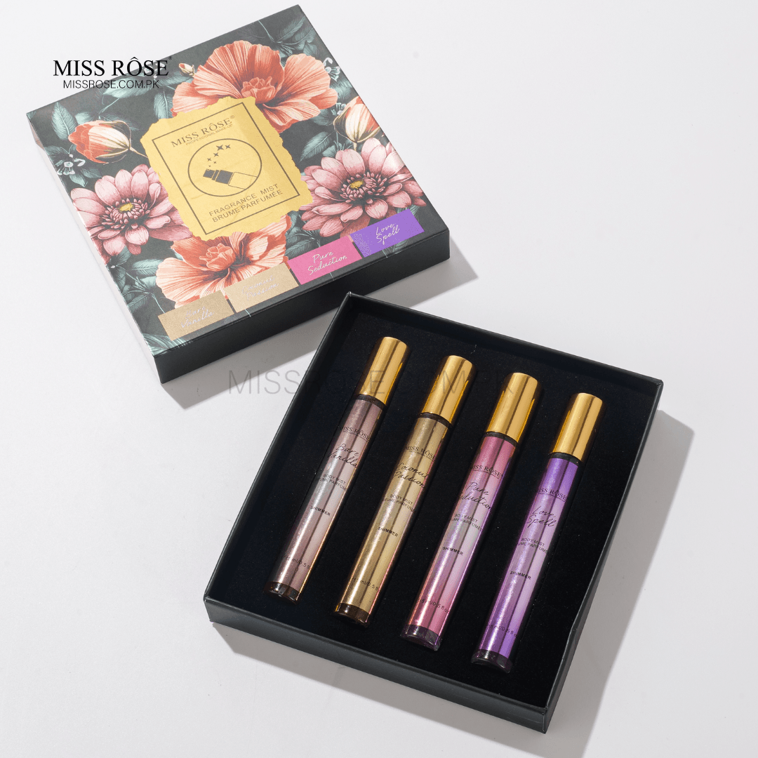 Miss Rose fragrance gift set black floral box with gold seal — 4 mini body mists for gifting