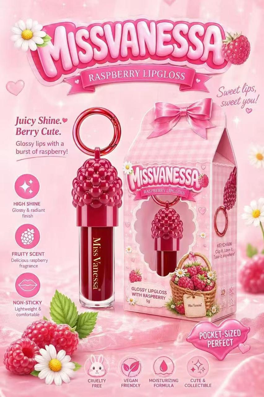 Miss Vanessa Raspberry keychain lip gloss with collectible box - juicy shine glossy lipgloss