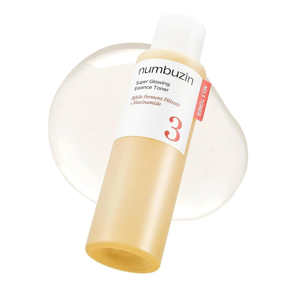 Numbuzin No.3 toner bottle with essence texture swatch for glowing skin
