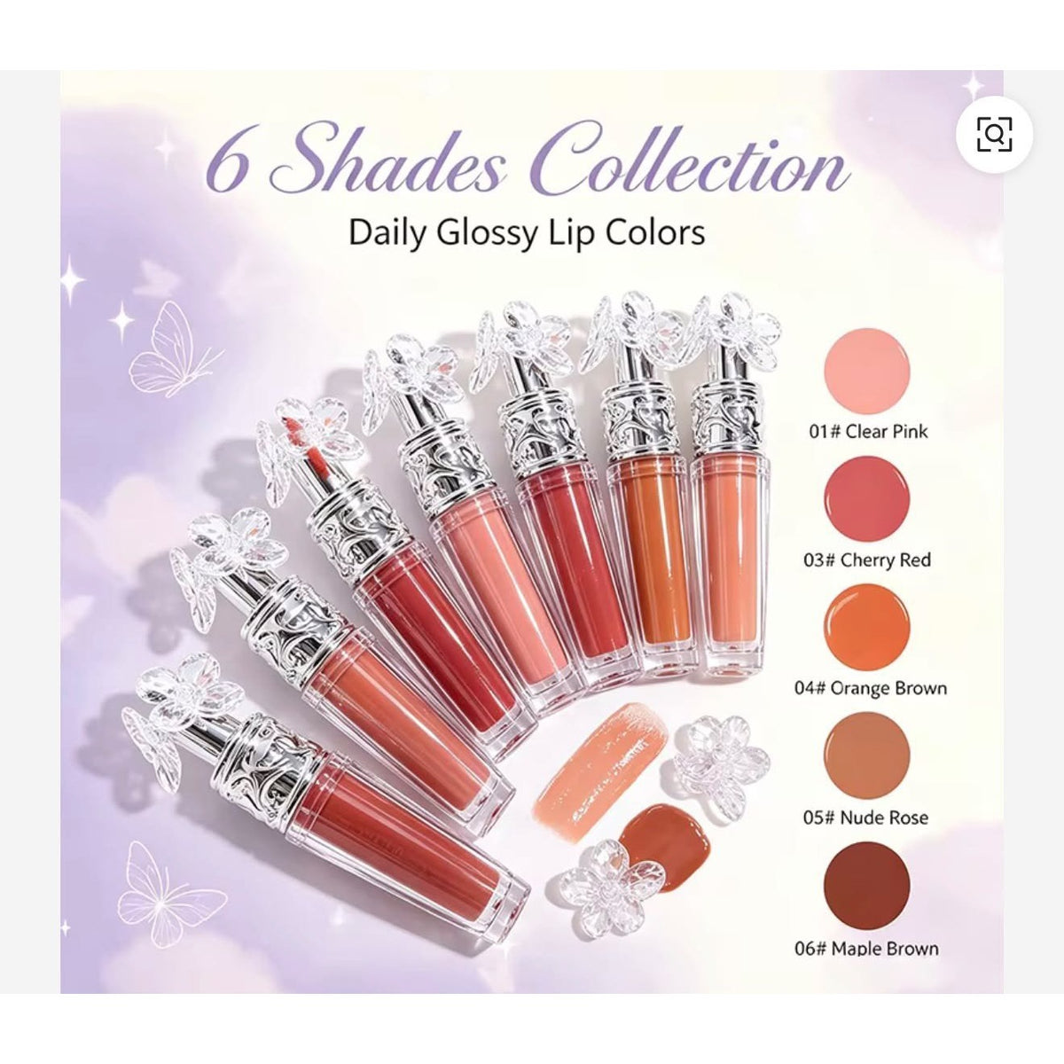 Olibolla Kiss Juicy Lip Gloss 6 shades collection - Clear Pink, Cherry Red, Orange Brown, Nude Rose, Maple Brown