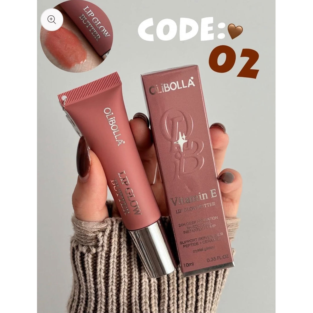 Olibolla Vitamin E Lip Glow Butter CODE 02 tube and box nude pink