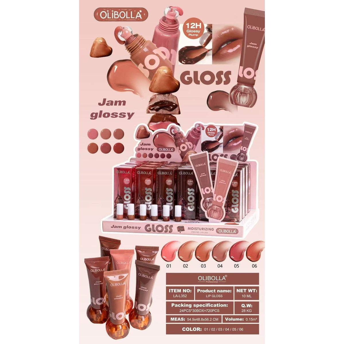 Olibolla Jam glossy lip gloss poster 6 shades 01 02 03 04 05 06 item LA-L352 10ml 12H glossy plump