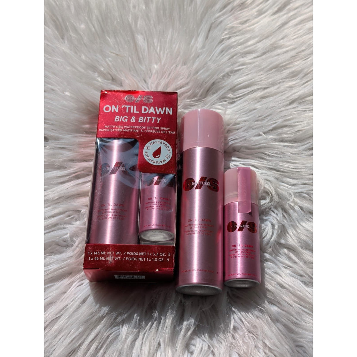 ONE SIZE On Til Dawn Big and Bitty Mattifying Waterproof Setting Spray Duo boxed set with full size 143ml and travel size 46ml bottles