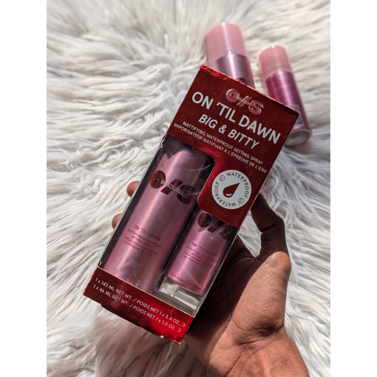 ONE SIZE On Til Dawn Big and Bitty Setting Spray Duo boxed set held in hand 143ml plus 46ml