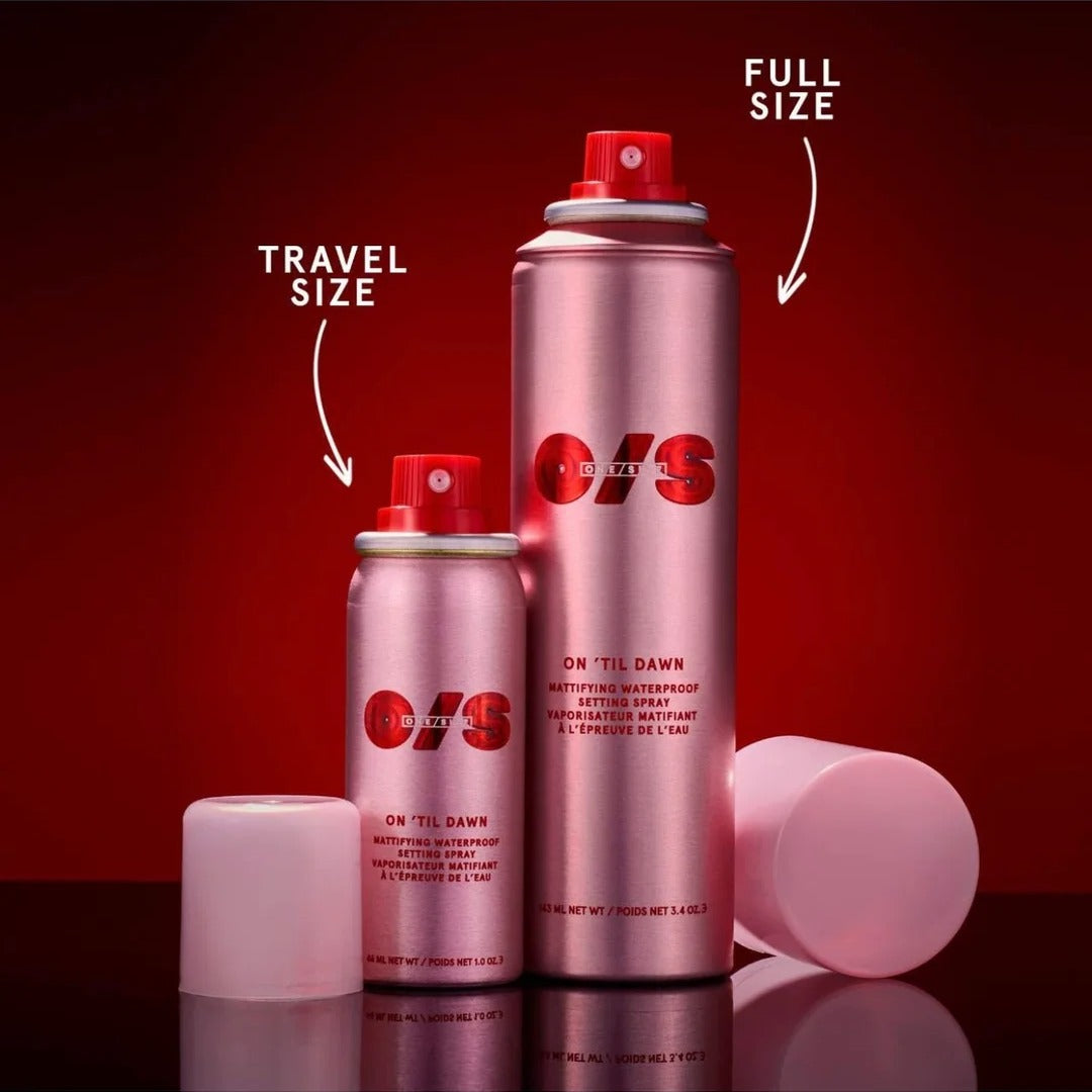 ONE SIZE On Til Dawn Big and Bitty Setting Spray Duo travel size 46ml and full size 143ml side by side on red background