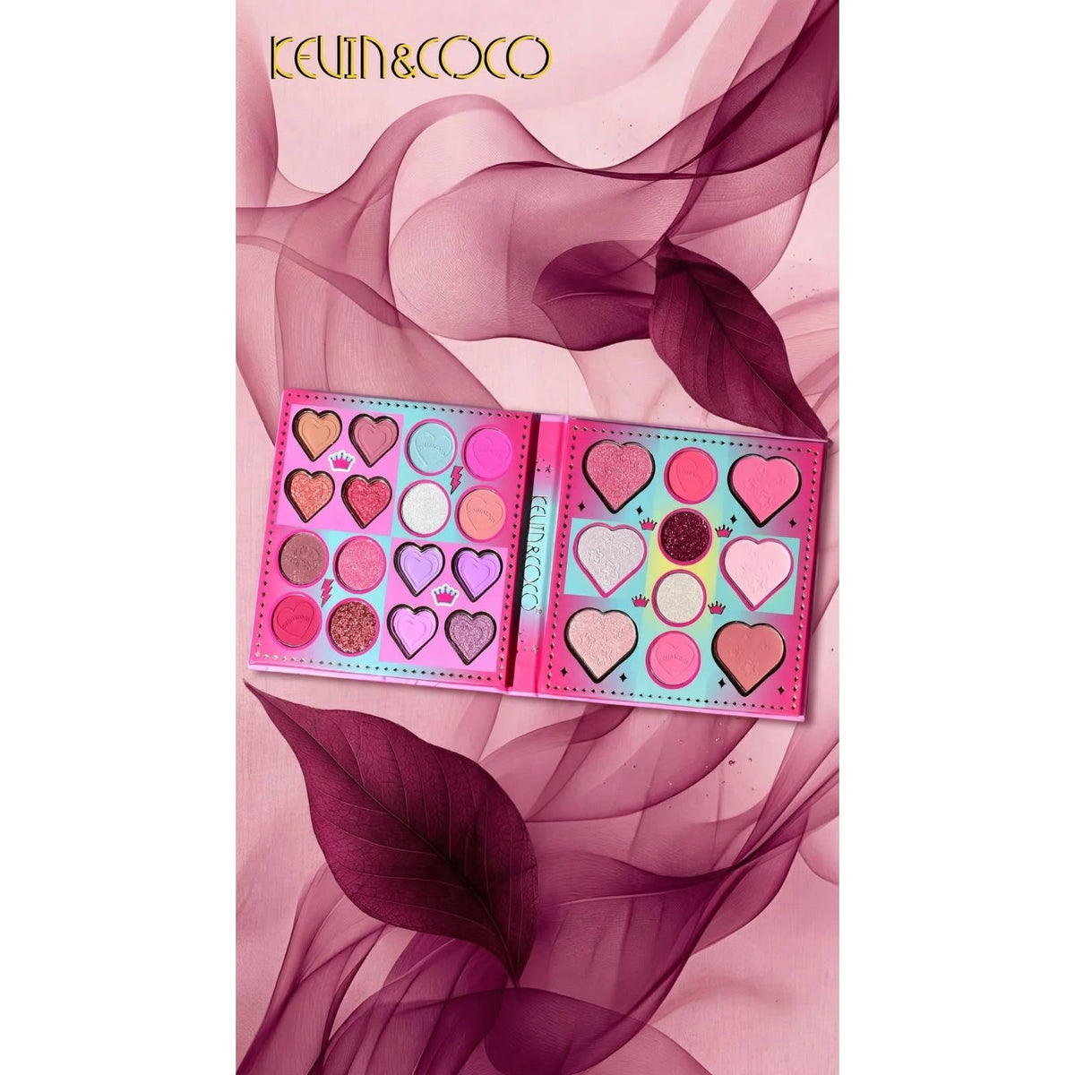 Kevin and Coco 26 color eye shadow palette open - heart and round pans