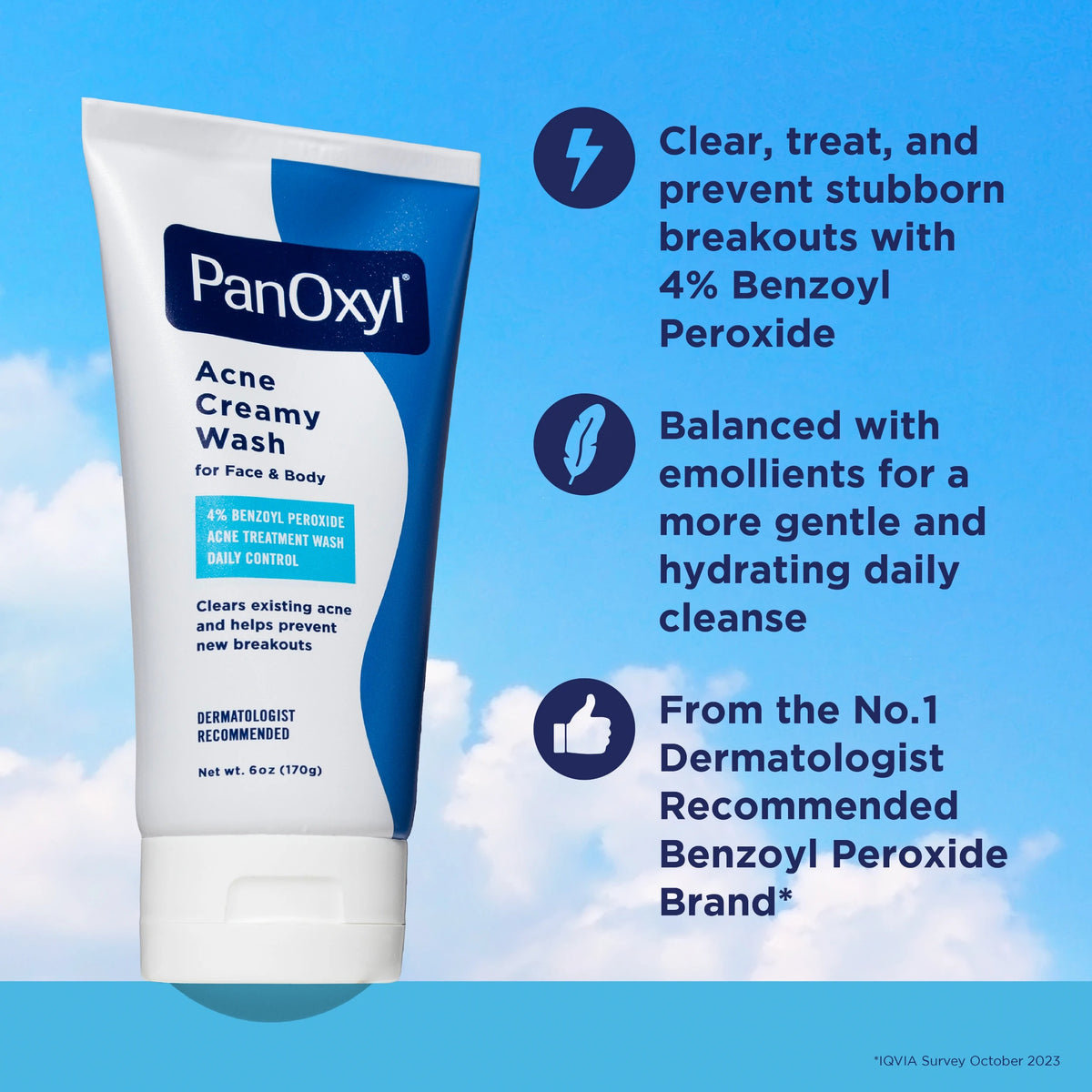 PanOxyl Acne Creamy Wash 4% Benzoyl Peroxide 170g – tube with key benefits