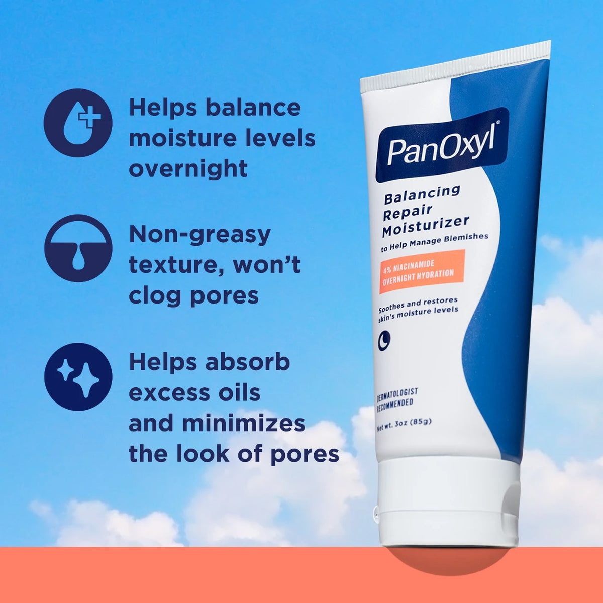 PanOxyl PM Balancing Repair Moisturizer with Niacinamide 85g – tube with key benefits