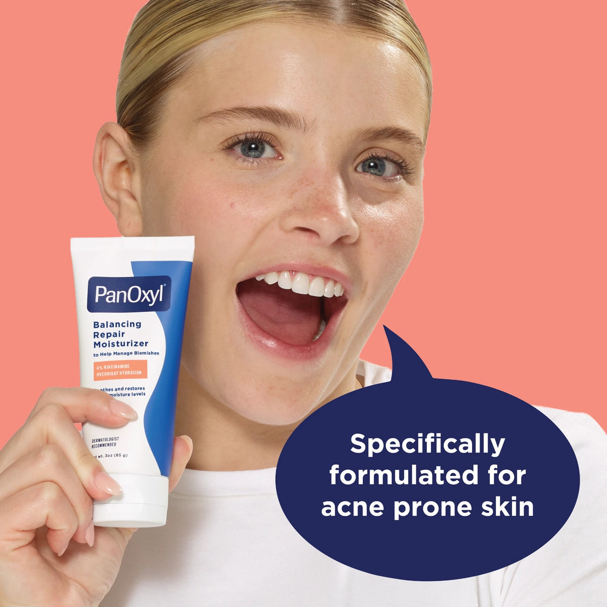 PanOxyl PM Balancing Repair Moisturizer with Niacinamide 85g – model holding tube