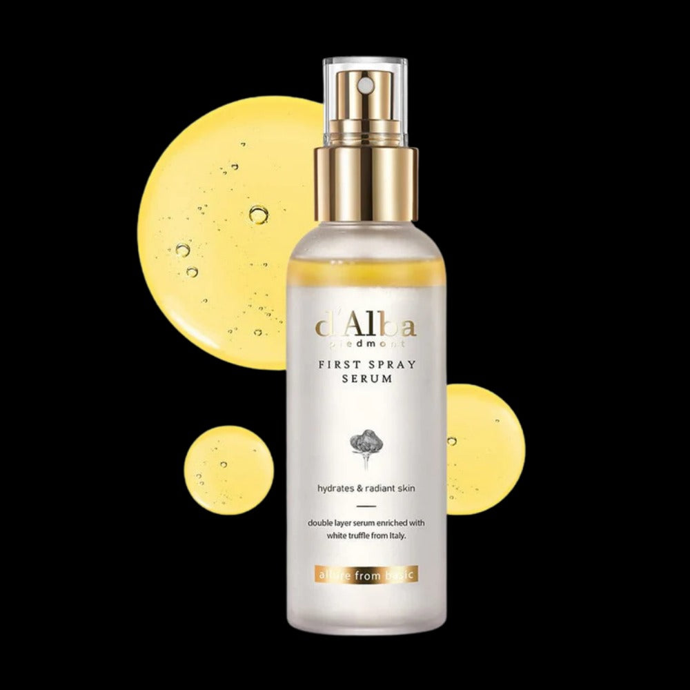 d'Alba White Truffle First Spray Serum 100ml bottle with serum drops on black background