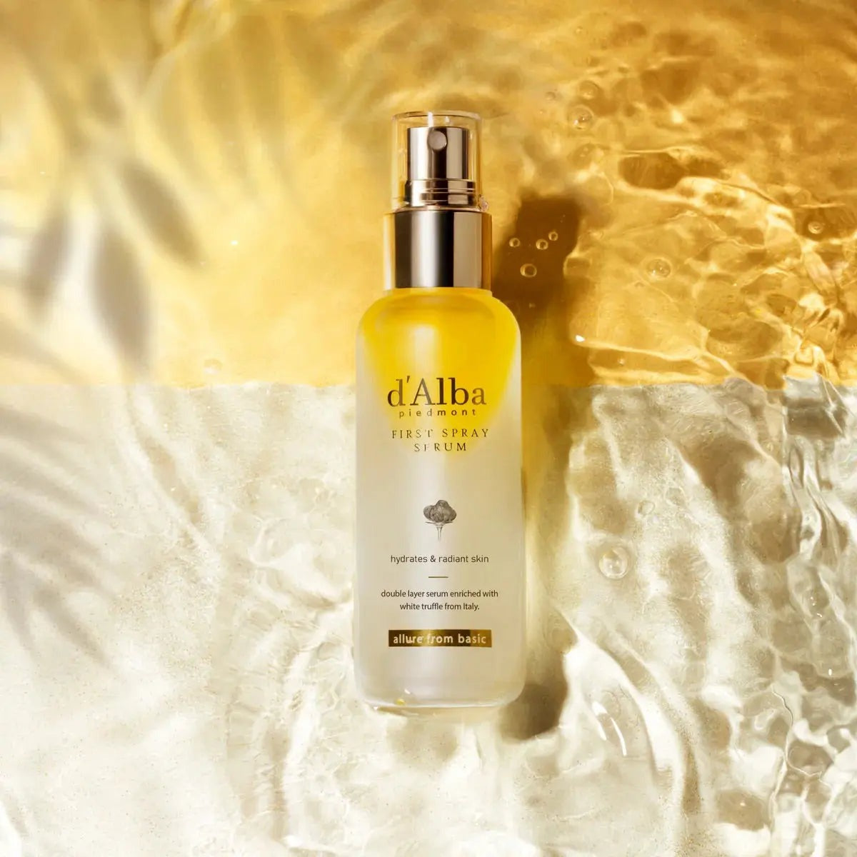 d'Alba White Truffle First Spray Serum 100ml bottle in golden water