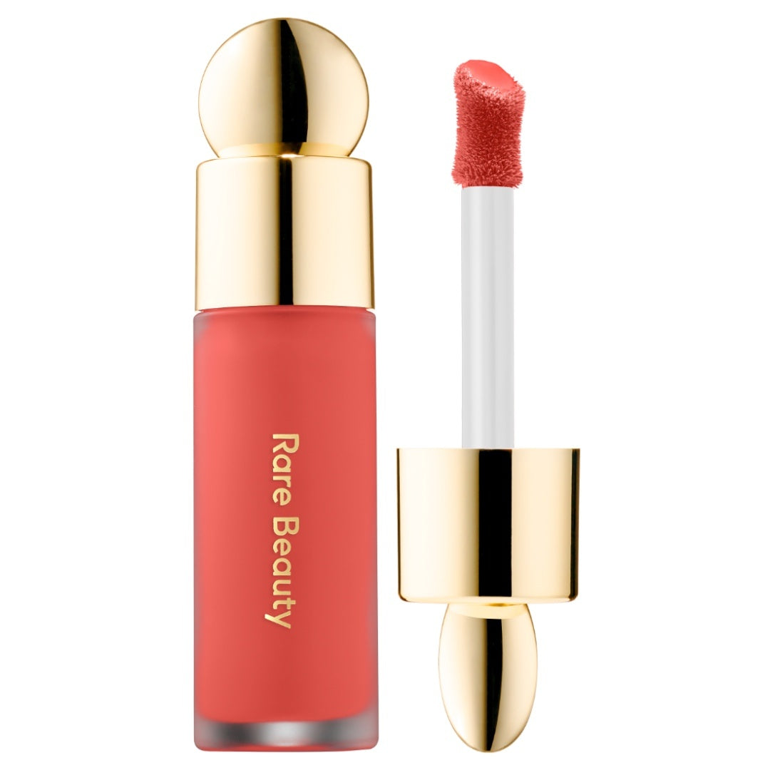 Rare Beauty Soft Pinch Dewy Liquid Blush coral shade bottle and applicator