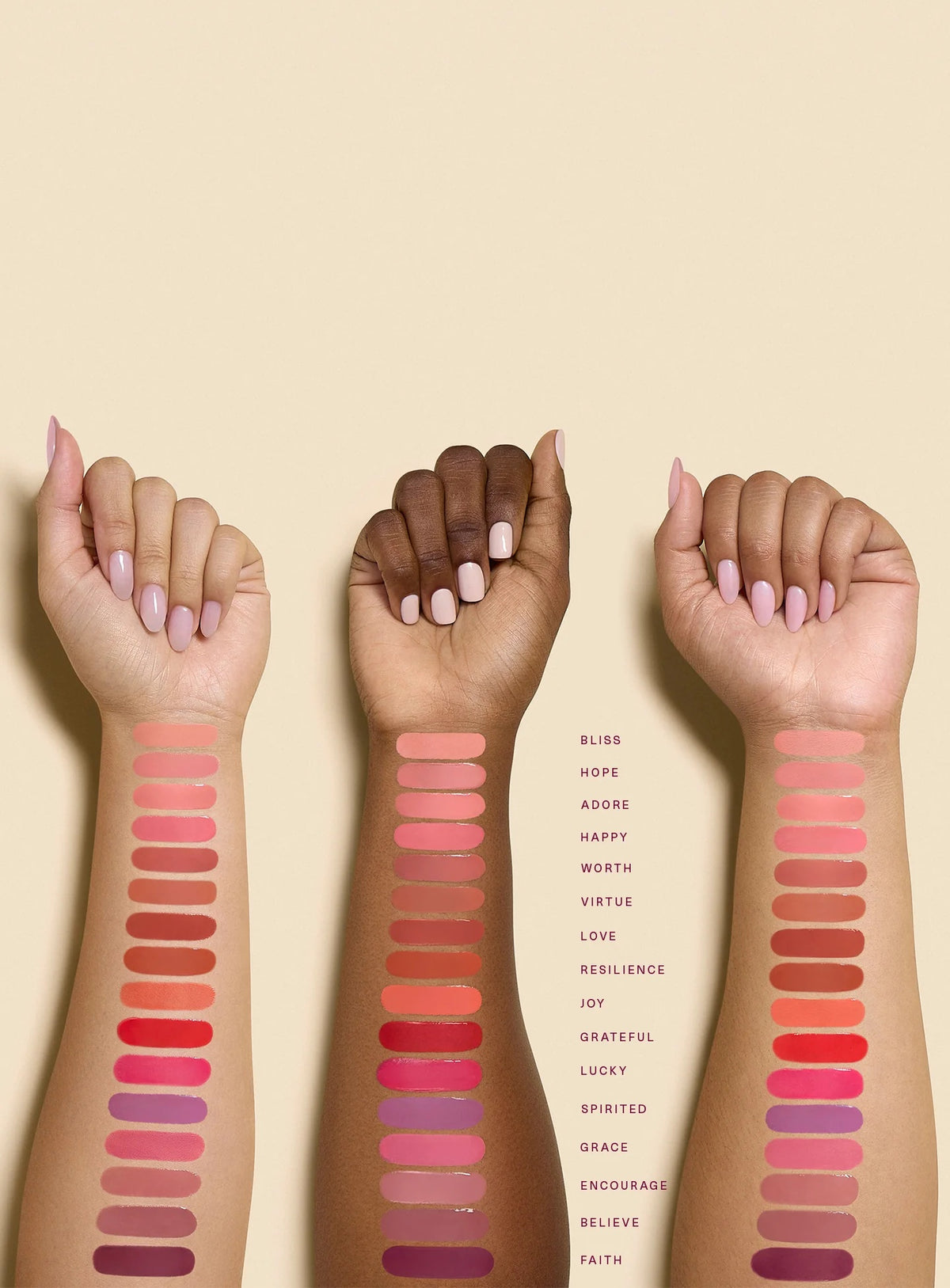 Rare Beauty Soft Pinch Dewy Liquid Blush official shade swatch chart - Bliss Hope Happy Worth Virtue Encourage