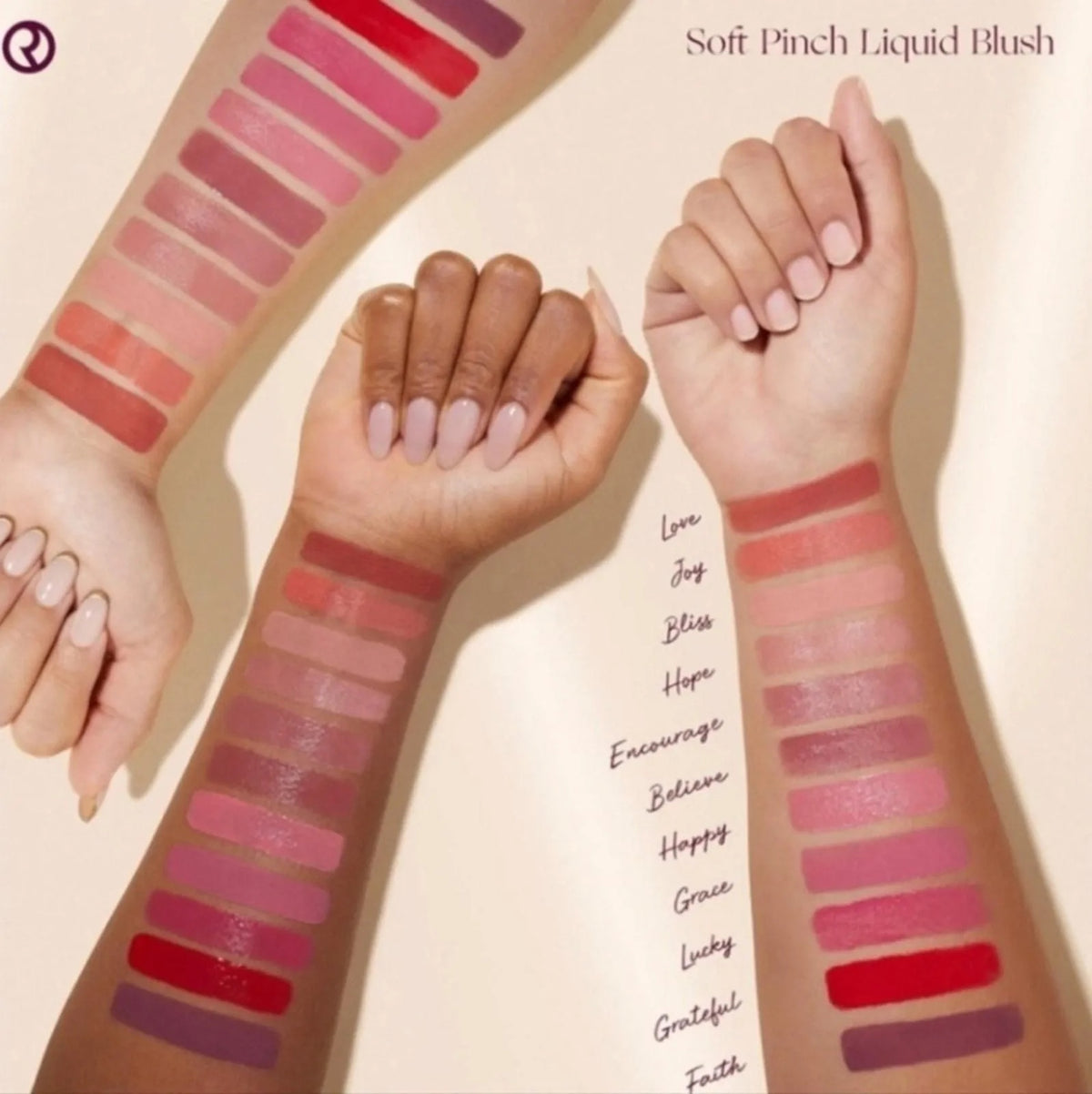 Rare Beauty Soft Pinch Liquid Blush shade swatches on skin - Bliss Hope Encourage Happy