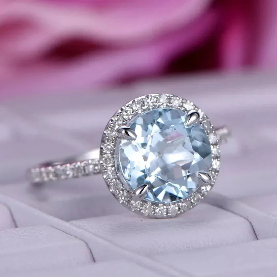 Round Aquamarine Halo Ring with Diamond Accents - Buy Online in Pakistan at Cosmia.pk