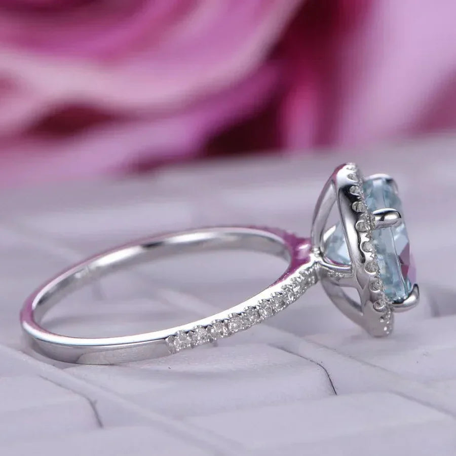Round Aquamarine Halo Ring with Diamond Accents - Buy Online in Pakistan at Cosmia.pk