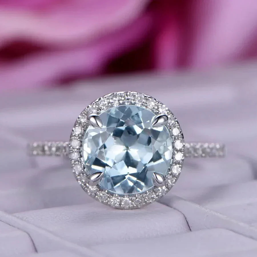 Round Aquamarine Halo Ring with Diamond Accents - Buy Online in Pakistan at Cosmia.pk