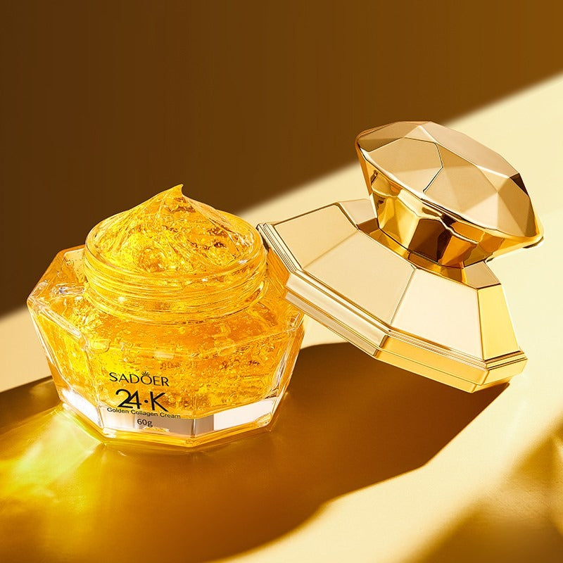 SADOER 24K Golden Collagen Cream 60g - Buy Online in Pakistan at Cosmia.pk - open jar showing golden gel cream texture