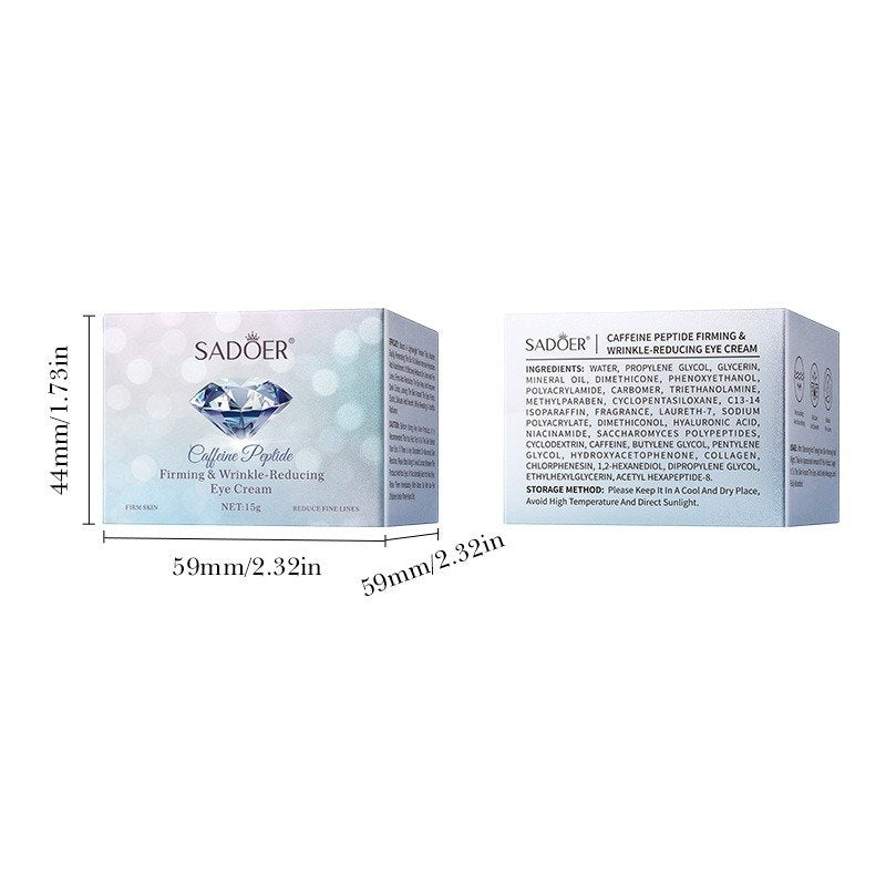 Sadoer Caffeine Peptide Eye Cream 15g box with size and ingredients details