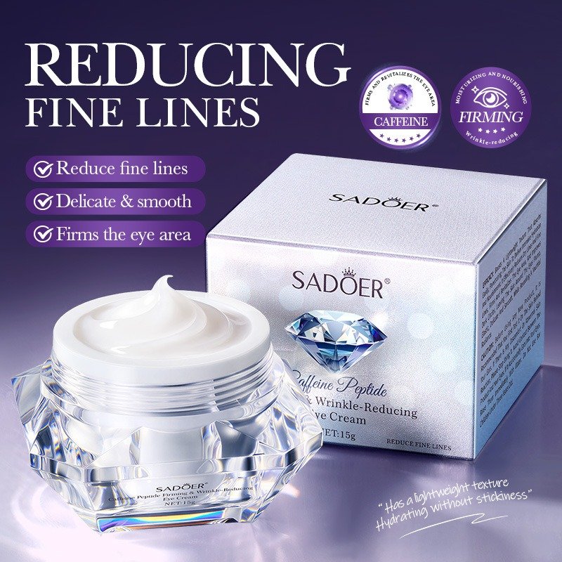 Sadoer Caffeine Peptide Eye Cream reducing fine lines - open jar with lightweight cream texture