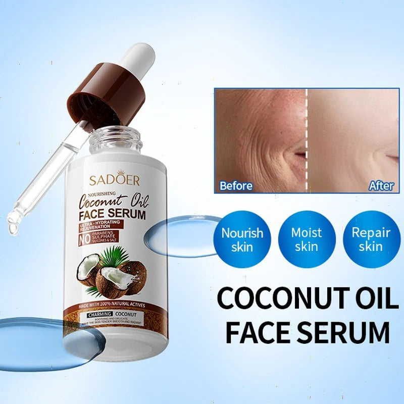 SADOER Coconut Oil Face Serum 40ml bottle with before and after skin results
