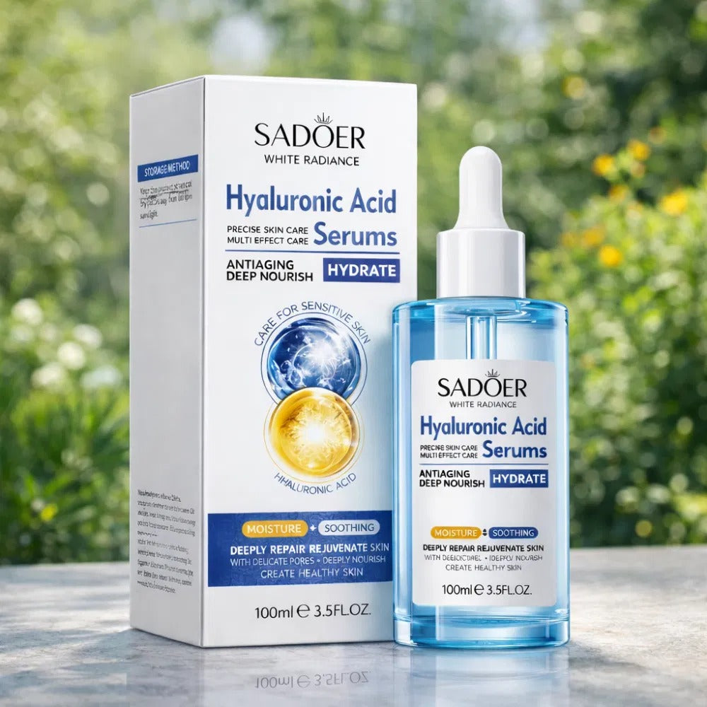 SADOER Hyaluronic Acid Serums 100ml - Buy Online in Pakistan at Cosmia.pk - white radiance hyaluronic acid serum box with blue dropper bottle, 100ml