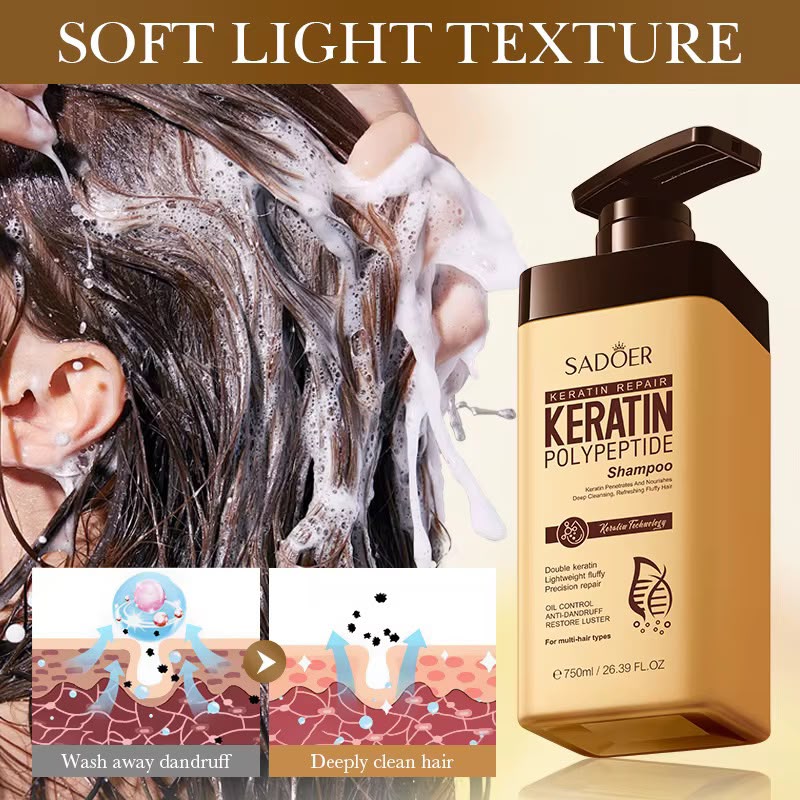 Sadoer Keratin Polypeptide Shampoo 750ml - Keratin Repair, oil control and anti-dandruff formula for all hair types