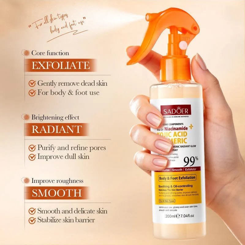 Sadoer Kojic Acid Turmeric Exfoliating Spray benefits - Exfoliate Radiant Smooth graphic
