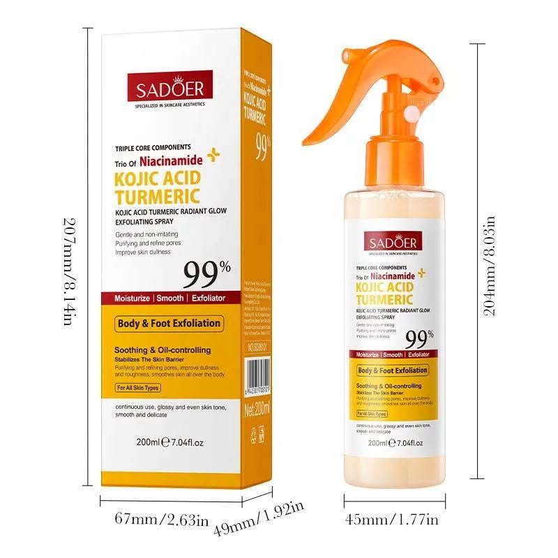 Sadoer Kojic Acid Turmeric Exfoliating Spray 200ml bottle and box size chart
