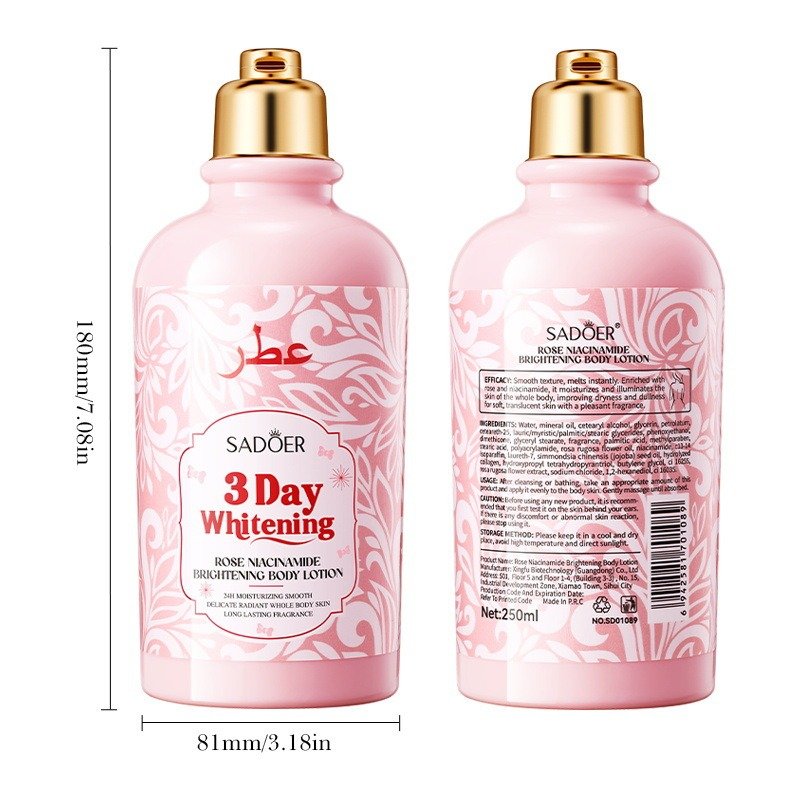 Sadoer Rose Niacinamide Brightening Body Lotion 250ml size chart and ingredients back label
