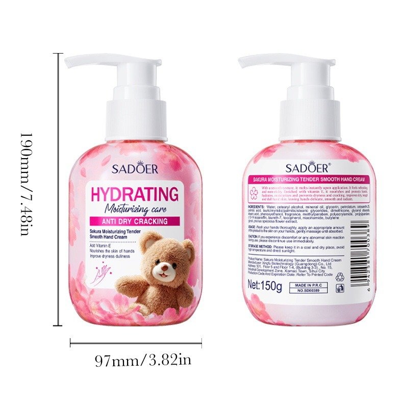 Sadoer Sakura hand cream 150g size chart - bottle 190mm tall, 97mm wide