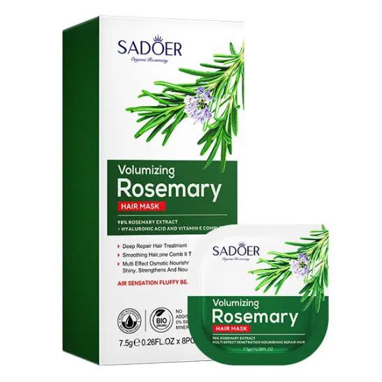 SADOER Volumizing Rosemary Hair Mask box - 8 x 7.5g pods with hyaluronic acid and vitamin E