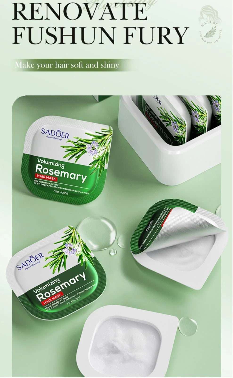 SADOER Volumizing Rosemary Hair Mask pods flatlay - smoothing deep repair hair mask