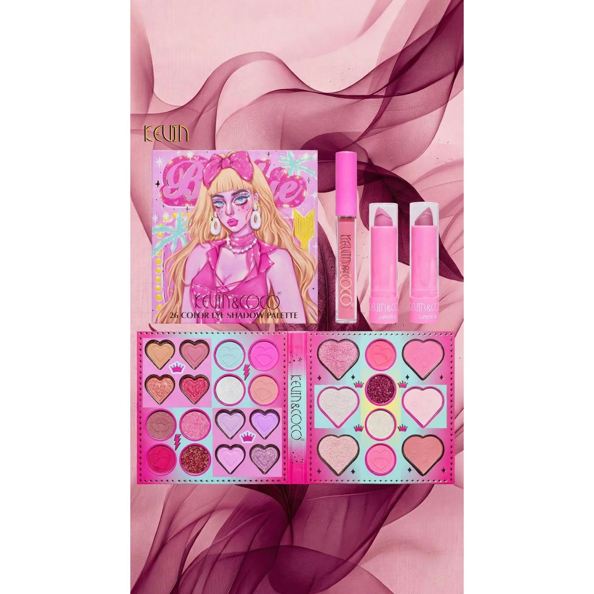 Kevin and Coco eye shadow makeup set contents - 26 color palette, lip gloss and 2 lipsticks