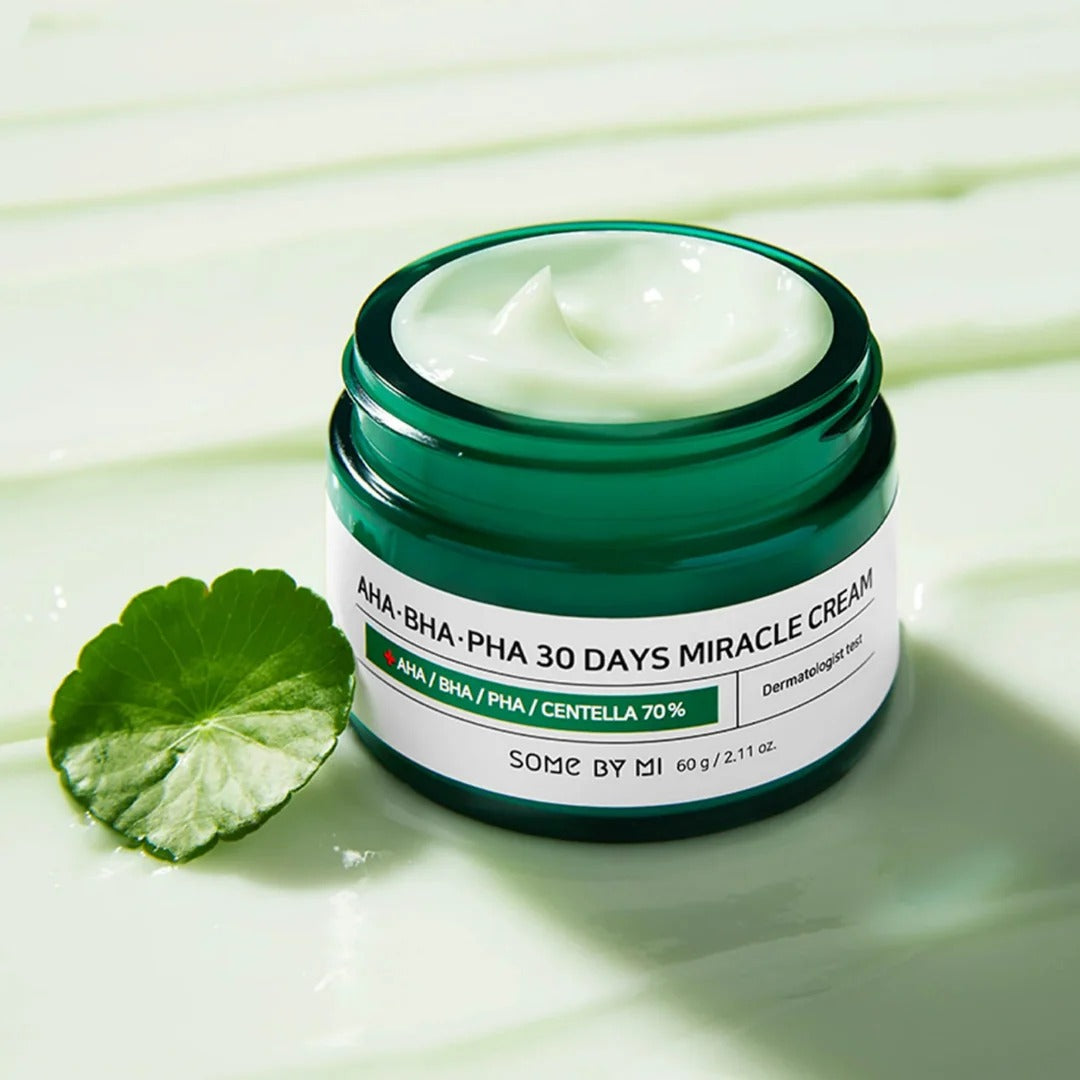 Some By Mi AHA BHA PHA 30 Days Miracle Cream - open jar with centella leaf