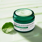 Some By Mi AHA BHA PHA 30 Days Miracle Cream - open jar with centella leaf
