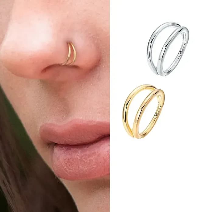 Stainless steel double hoop nose ring in golden finish with silver option shown