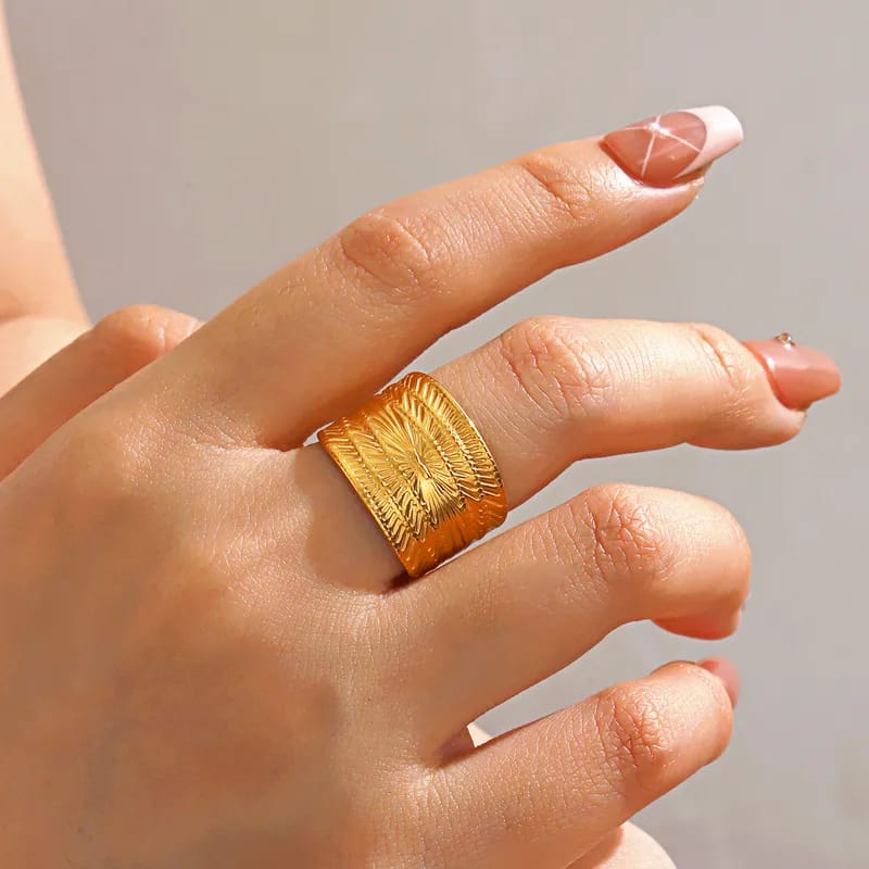 Stainless Steel Textured Wide Thick Golden Open Ring worn on finger - buy online in Pakistan at Cosmia.pk