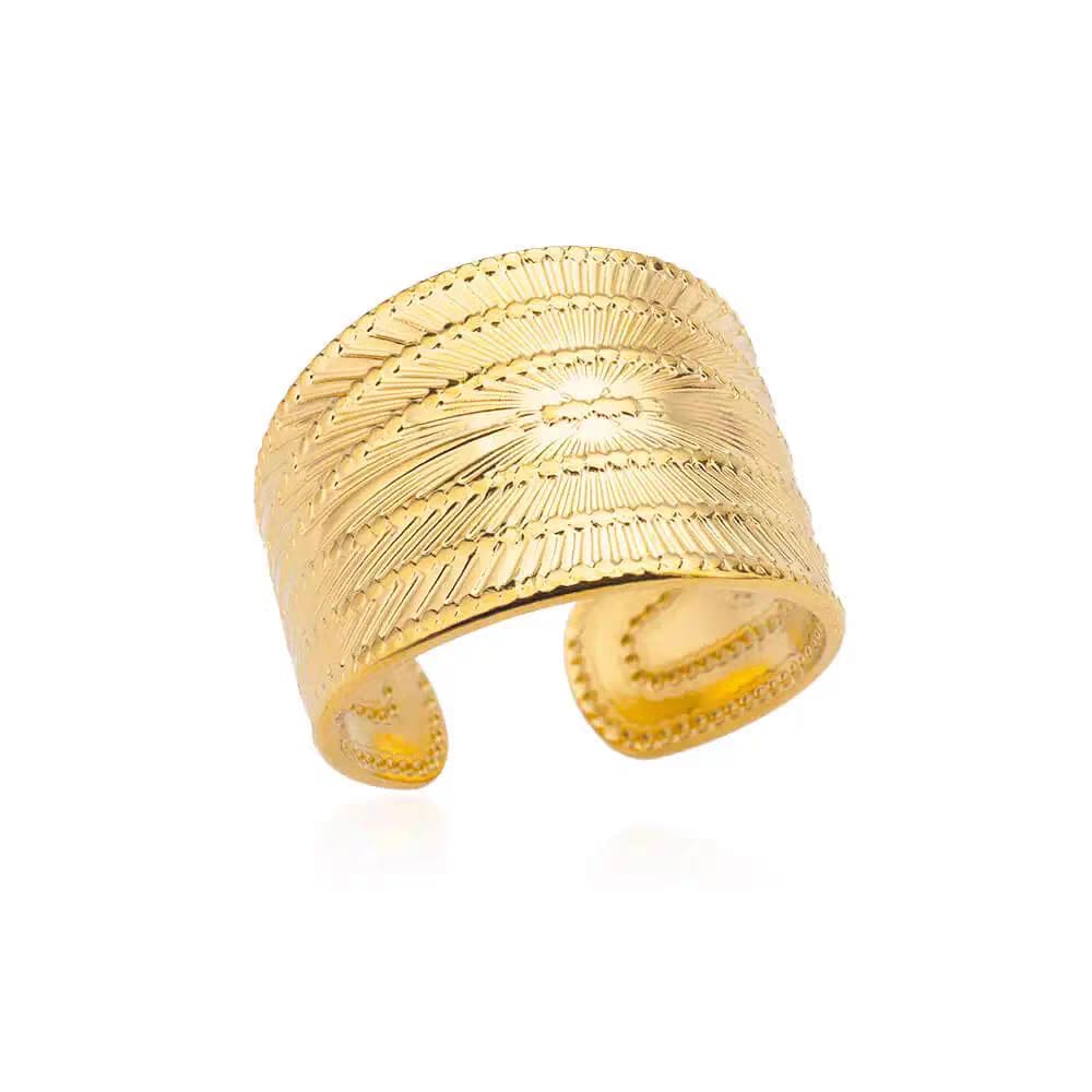 Stainless Steel Textured Wide Thick Golden Open Ring front view white background - buy online in Pakistan at Cosmia.pk