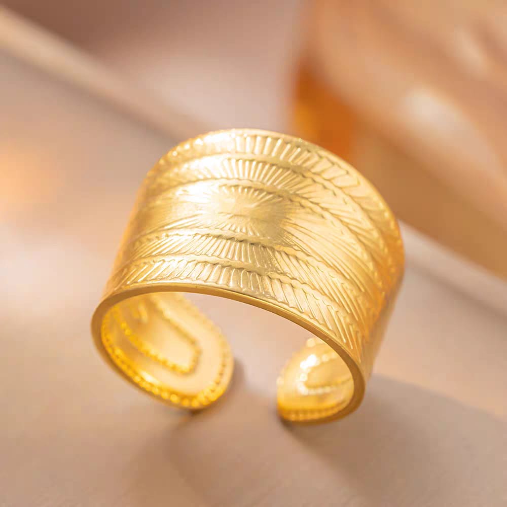 Stainless Steel Textured Wide Thick Golden Open Ring close-up texture detail - buy online in Pakistan at Cosmia.pk