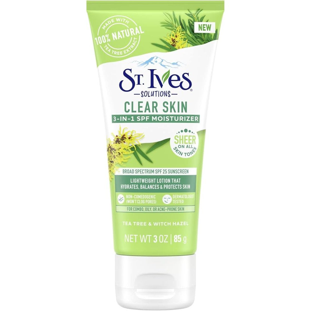 St. Ives Solutions Clear Skin 3-in-1 SPF Moisturizer tube front view on white background