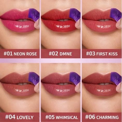 Olibolla Peel Off Lip Stain shades - 01 Neon Rose, 02 DMNE, 03 First Kiss, 04 Lovely, 05 Whimsical, 06 Charming