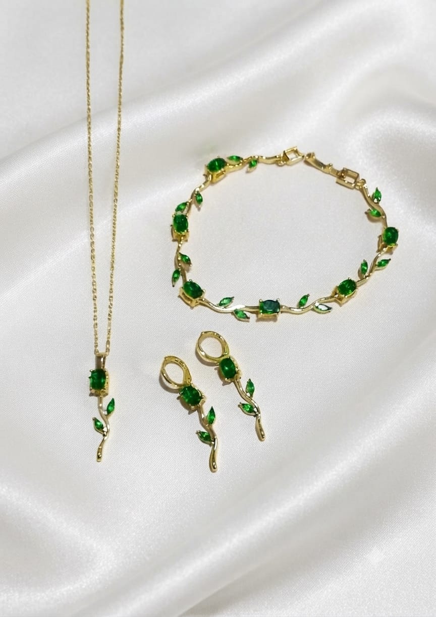 Exquisite Tulip Jewellery Set Emerald Green variant - floral vine necklace, bracelet and drop earrings | Buy online in Pakistan